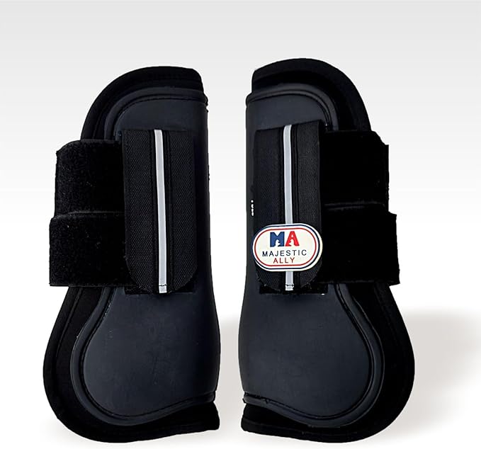 Majestic Ally Horse Leg Protection Fetlock and Tendon Boots Set, PU Shell, Neoprene Lining, Hook and Loop Closures, Multiple Colors and Sizes