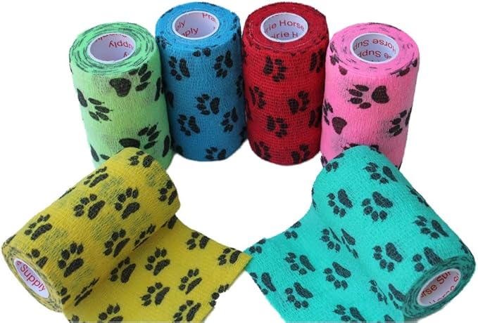 Prairie Horse Supply 3 Inch Vet Wrap Tape Bulk (Paw Prints Variety) (Pack of 12) Self Adhesive Adherent Adhering Flex Bandage Grip Roll for Dog Cat Pet