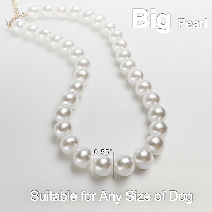 Chunky Pearl Dog Collar Large Breed (0.55 Inch), Adjustable Dog Necklace, Beaded Dog Collar Imitation White Pearls, Elegant Dog Jewelry Suit for Medium Large Dog 14"-16.7" Inner Circumference