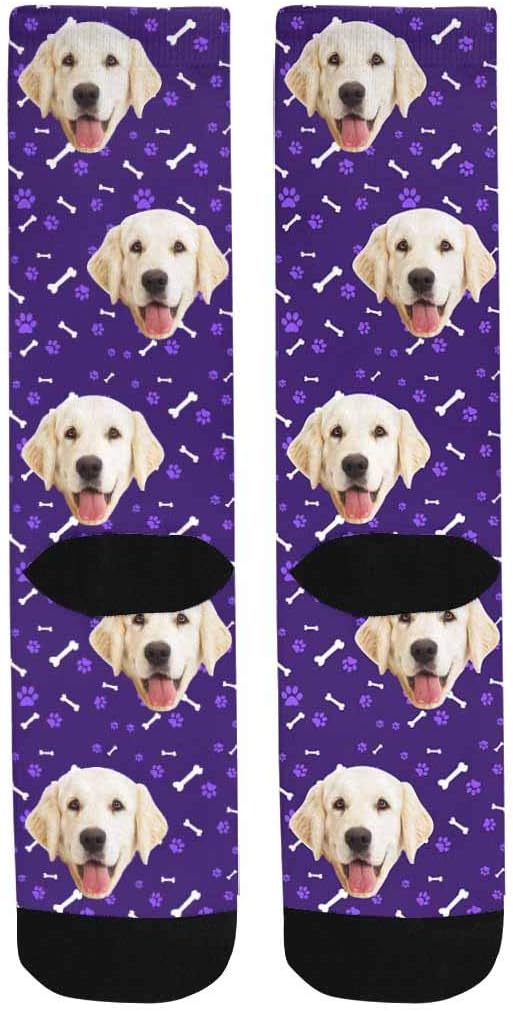 MyPupSocks Custom Personalized Photo Pet Face Socks, Cat and Dog Tracks Paws Bones Crew Socks with Picture for Men Women