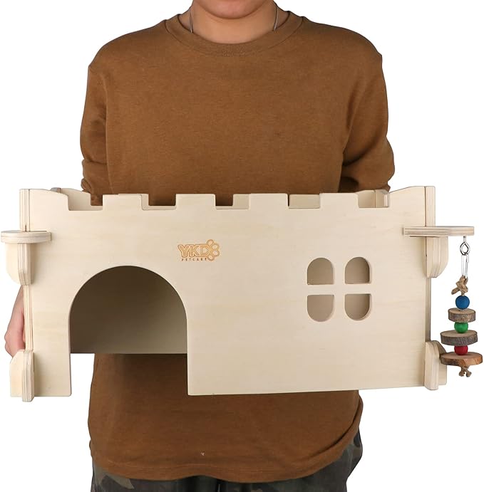 Castle Chinchilla House, Small Animal Hideout for Chinchilla, Guinea Pig, Hedgehog, or Rat, Ventilated Wooden Guinea Pig Hut Habitat with Multiple Doors (Large)