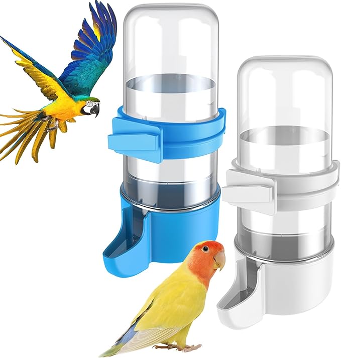 Pawfly Auto Bird Waterer, 2-Pack Cage Dispenser Feeder for Parrots, Hamsters - Small Bird Accessories for Cockatiel, Budgie, Lovebirds (White/Blue)