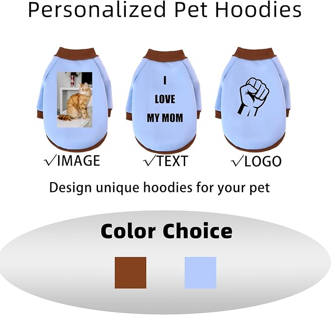 Custom Dog Hoodie, Personalized Sweatshirt with Photo Text Name Logo, Customized Hooded Sweater for Small Medium Large Dogs & Cats (Blue + Brown Border, Medium)