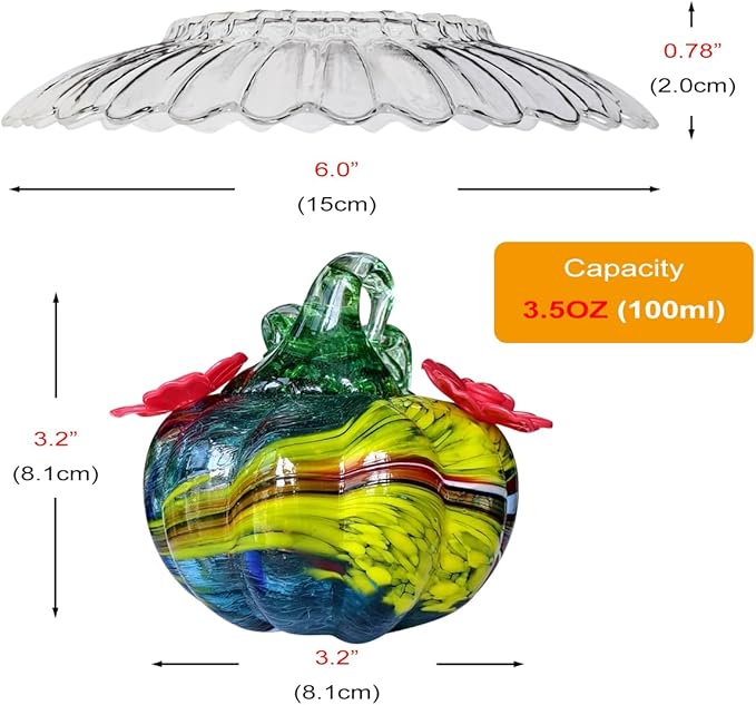 Small Glass Hummingbird Feeders for Outdoors Hanging - 4PC X Mixed Color Hand Blown Glass Pumpkin Nectar Feeding + Rain Cover, 2 Flowers Feeding Ports, Decor for Garden/Backyard Outside