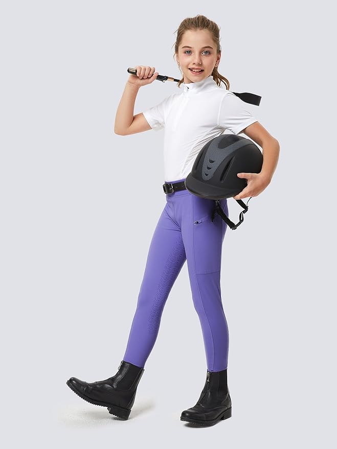 FitsT4 Sports Girls Riding Pants Full Seat Kids Equestrian Breeches Stretchy Youth Horse Schooling Tights Zipper Pockets