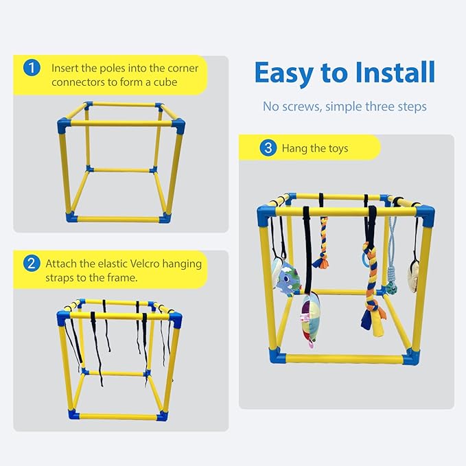Dewonch Puppy Play Gym with 8 Hanging Toys, Small Dogs Indoor Jungle Gym, PVC Frame with Bungee Straps Enrichment Activity Center
