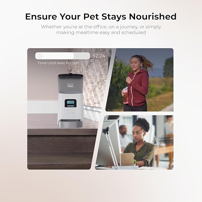 Penthouse Paws® Automatic Pet Feeder 6L, LCD Timed Food Dispenser, Twist-Lock Storage, Anti-Jam, Voice Meal Call, Up to 15 Daily Meals, Battery Backup, White with Stainless Steel Bowl, for Cat & Dog