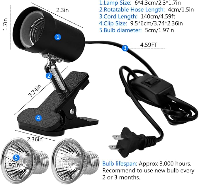 DOMICA Turtle Heat Lamp + 2 Heating Bulbs (50W,35W), Reptile UVA UVB Basking Spot Lamp, Warming Light with Clamp for Tortoise, Lizard, Snake, Leopard Gecko, Beared Dragon, Brooder Box