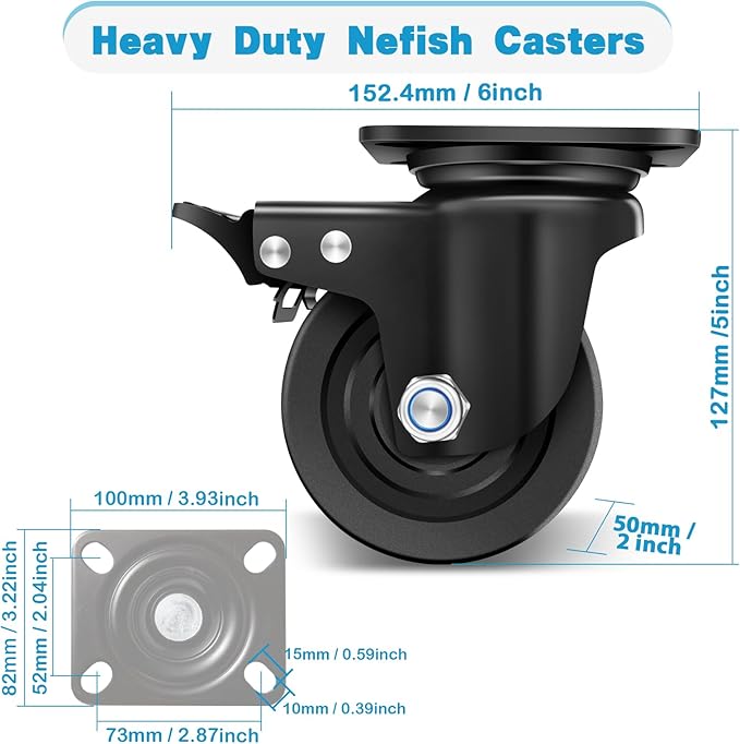 Nefish 4-Inch Heavy Duty Casters Set of 4, Industrial Grade Casters Wheels 7000 LBS, Low Gravity Plate Swivel Caster with Brake, Sturdy & Corrosion-Resistant Nylon Wheels for Industrial, Equipment
