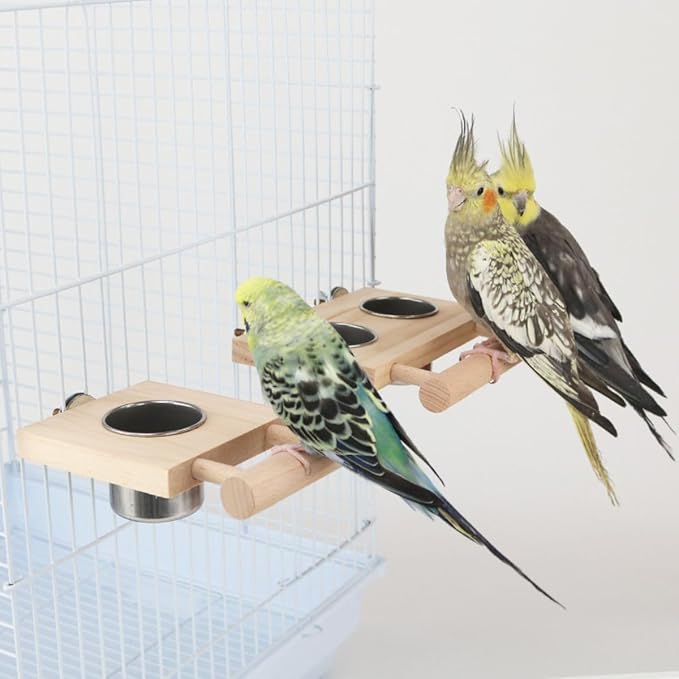 Bird Food Stainless Steel Cups Wooden Perch Stand Hanging Feeder Bowls Feeding and Watering Supplies for Parakeets Conures Cockatiels Budgie Parrot (L)