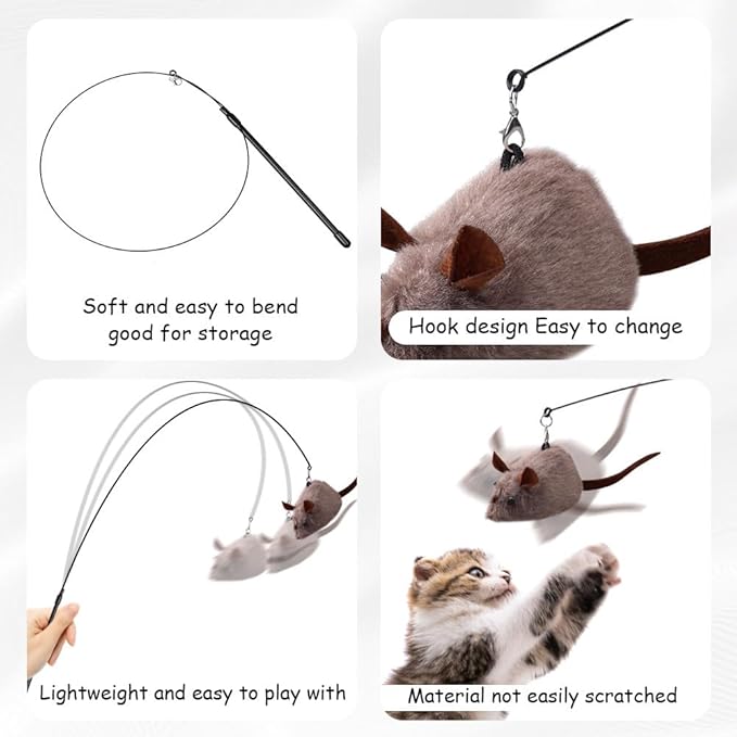 PAZ'S GIFT Cat Wand Toy, Mouse 2-Piece Catnip wzggle Sound Toy, Soft and Durable, Interactive cat Kick for Indoor Games