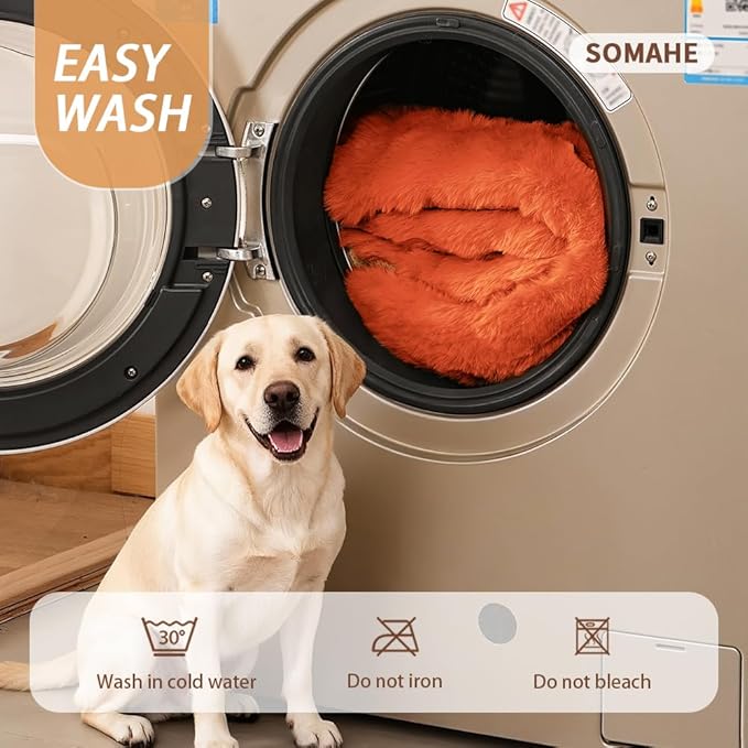 Self-Warming Dog Bed, Plush Faux Fur Mat with Anti-Slip Bottom, Ultra Soft Heated Pet Bed for Medium Large Dogs, Cozy Fluffy Pad for Carriers Couch Crate, Machine Washable, 35 x 27 Inch Orange