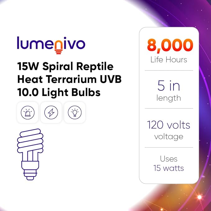 lumenivo UVB Reptile Light 15W 10.0 Desert Terrarium UVB Bulb for Bearded Dragon, Dwarf Monitors, Veiled Chameleons - Simulates UVB from The Sun to Help in Calcium Absorption - 120V - 5 Pack