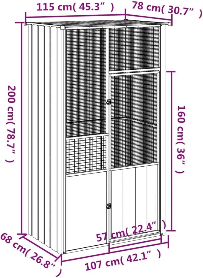 Bird Cage Galvanized Steel, Large Bird Cage with Wire Mesh Grids and Lockable Door, Aviary Spacious and Versatile Cage Ideal for Birds, Rabbits, Chickens, Gray 45.3"x30.7"x78.7"