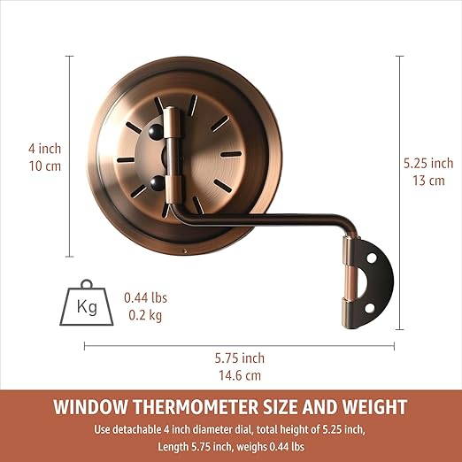 4-Inch Outdoor Thermometer and Humidity Gauge, Window Thermometer for Outside Temperature and Humidity Monitor, Brass Analog Dial, Battery-Free for Patio, Garage, Greenhouse, Garden, Wall