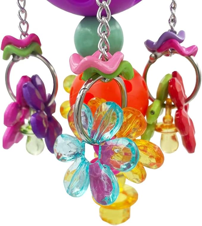Pullable Bird Plastic Ball Toys with Acrylic Pacifiers and Flowers, Colorful Parrot Toys for Medium and Large Parrot Quaker Monk Parakeet Sun Conures (Purple)
