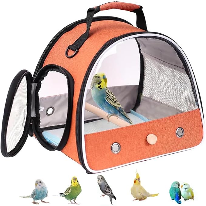 Small Bird Travel Carrier, Portable Bird Travel Outside Cage for Parakeet, Parrot, Budgie, Guinea Pig, Bearded Dragon Reptile Carrier for Hiking Vet Visit Bicycle Ride (Orange)
