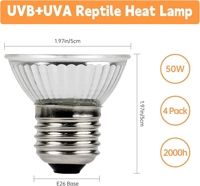 Reptile Heat Lamp, UVA UVB Heat Lamp Bulbs, E26 Turtle Heat Lamp Blubs 50W 4Pack, Basking Light for Bearded Dragon, Lizard, Snake and Frog