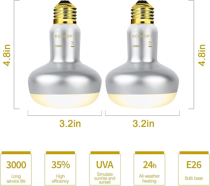 Reptile Heat Lamp 100W,(2 Pack) Heat Emitter UVA Heat Lamp Bulb,Intense Basking Spot Simulated Natural Sunlight Heating Lamp Bulb,for Reptile Chickens Pet Brooder