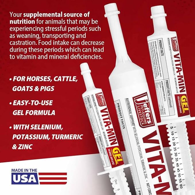 Jeffers Vita-Min Gel for Livestock & Horses – Multivitamin & Mineral Supplement with Selenium, Zinc, Potassium & Turmeric – Easy Oral Gel for Cattle, Goats, Sheep & Pig – 30 cc Tube - 6 Pack