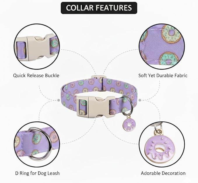 Girl Dog Collar with Unique Purple and Donut Print, Cute Dog Collar for Spring & Summer, Adjustable Pet Collar for Small Dogs