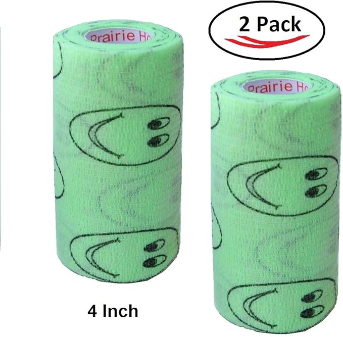 Vet Wrap Wrap Tape (Green with Smiles Pattern) (2 Pack) (3 Inch x 15 feet) Self Adhesive Adherent Adhering Cohesive Flex Self Stick Bandage Grip Roll Dog Cat Pet Horse