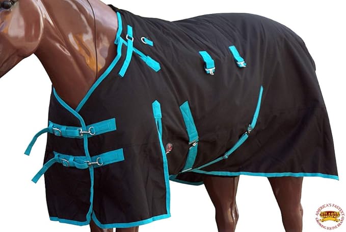 Black with Turquoise Trims 75 inch HILASON 1200D Winter Waterproof Poly Horse Turnout Blanket Belly Wrap