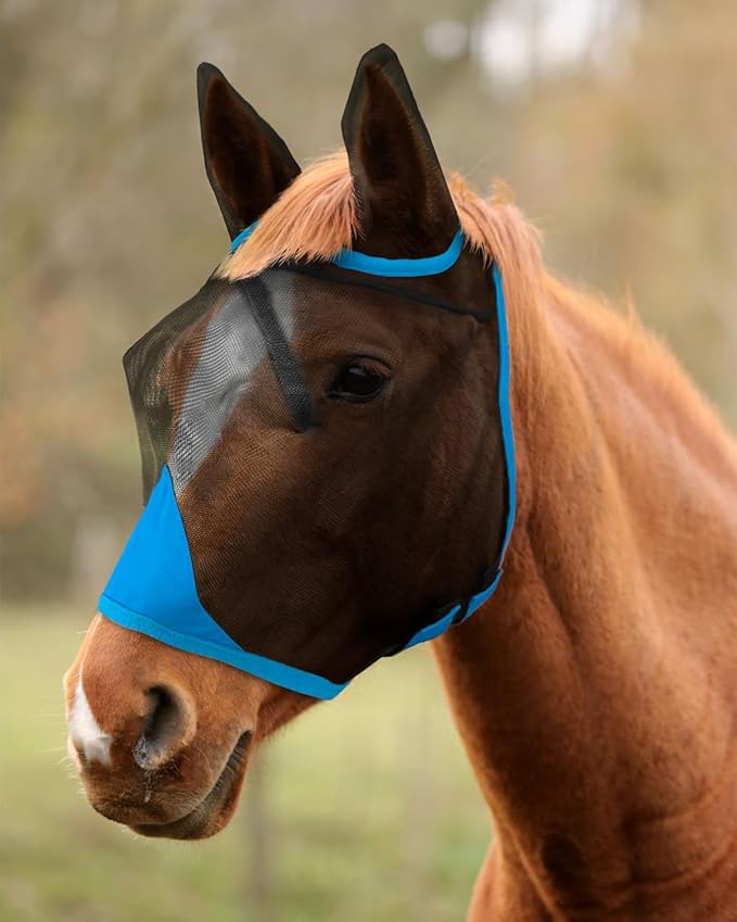 Hilltown Adjustable Fly Mask for Horse with Ears - UV-Block, Large Eye Space, Breathable, Built to Last, Comfort Fit - Horse Fly Mask for Daily Stable, Hot Weather Riding & Competition - Pony, Blue