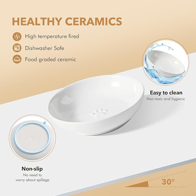 Raised Ceramic Wide Whisker Friendly Cat Dishes, Anti-Slip Food& Water Bowl with 2 Style Stand Adjustable Pet Bowl Set(2Dish+Stand, White)