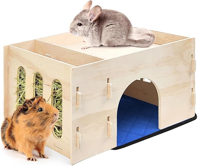 Guinea Pig Hideout with Hay Feeder & Absorbent Mat, Wooden Chinchilla House with Multiple Window, Small Animal Hut Castle for Dwarf Rabbit