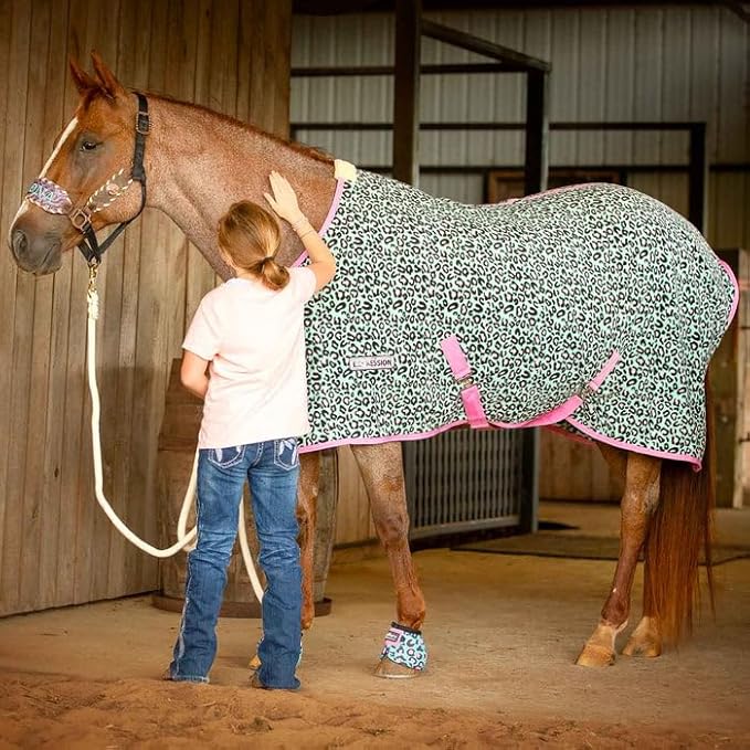 Jeffers Expression Fleece Cooler for Horses, Standard Neck, Party Cheetah 78"- Equine Towel Blanket, Moisture Absorbent, Light Weight, Best for Drying, Exercise, Bathing, Adjustable Belly Bands