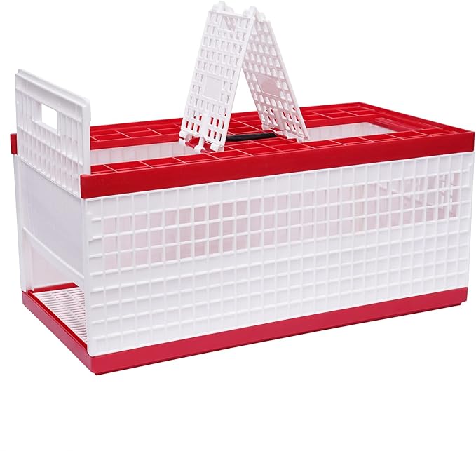 Pigeon Carrier Cage, 23.6"X12.2"X10.2" Plastic Training Basket with 4 Doors (2 Side + 2 Top), Red Foldable Pigeon Cage with Handle,Portable Bird Transport Box for Racing & Release
