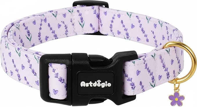 Dog Collar for Medium Dogs, Spring Purple Dog Collars with Flowers Pattern, Adjustable Cotton Dog Collars, Cute Girl or Boy Dog Collar Ideal for Gifts,Pet Accessory