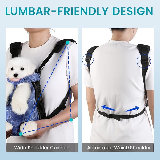 Dog Backpack Carrier, Front Pocket for Essentials, Pet Sling Front Backpack for Small Medium Dogs 10-16 Lbs, Legs Out, Adjustable Wearable Puppy Chest Travel Bag, Easy-Fit for Hiking/Walking/Camping