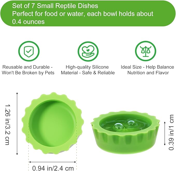 Reusable Small Reptile Food Dish, Crested Gecko Food and Water Feeding Cups, Easy Clean Silicone Small Capacity Worm Bowl, Gecko Tank Accessories (14 Pack, 7 Colors)