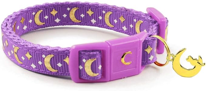 WAAAG Cat Collars, Gold Moons and Stars Cat Collar, Safety Breakaway Cat Collar, Glow in The Dark (Kitten 6.5"-10" Neck, Lavender)