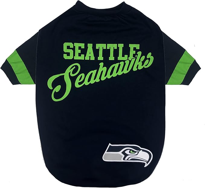 Pets First NFL Seattle Seahawks T-Shirt for Dogs & Cats, Small. Football Dog Shirt for NFL Team. New & Updated Fashionable Stripe Design, Durable & Cute Sports PET TEE Outfit (SEA-4146-SM)