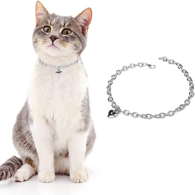 HOWWFALY Dog Collar and Cat Chain Necklace Stainless Steel Adjustable 18K Sliver Heart-Shaped Necklace for Small Pets Cats Kitten Puppy (Sliver, 7 inch)