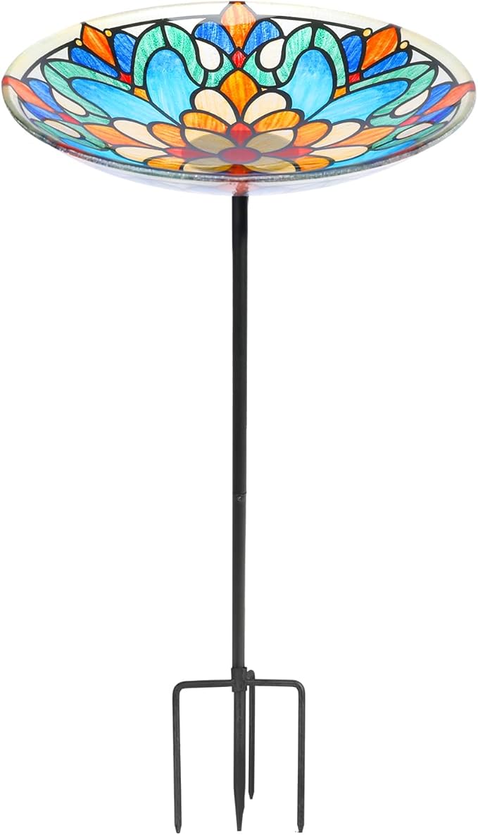 MUMTOP Bird Baths for Outdoors, Glass Birdbath Birdfeeder Bowl with Metal Stake for Outside Garden Yard Lawn Tiffany Style Decor