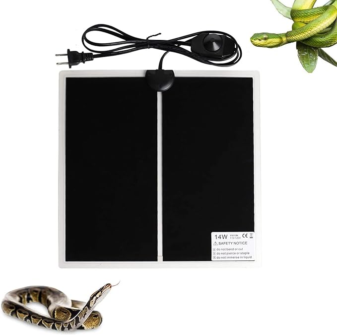 Reptile Heating Mat with Temperature Adjustment, Waterproof Reptile Heat Pad Under Tank Terrarium Heater for Amphibians, Small Animals, Seeding (14W - 11 x 11 in)
