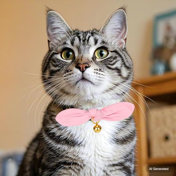 Bunny Ear Cat Collar with Bell and Bow Tie, Breakaway Cute Bowtie Kitten Collars(Light Pink)