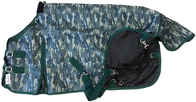 AJ Tack 1200D Waterproof Winter Horse Blanket with Hood - 400g Heavyweight Turnout with Fleece Collar, Shoulder Gussets & Tail Flap - Camouflage 72"