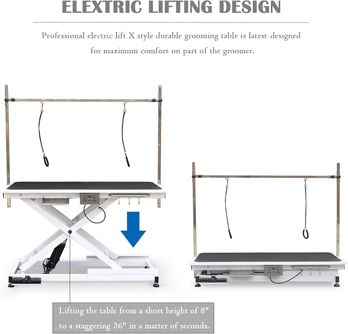 SoarFlash 49.6” Electric Lift Pet Dog Grooming Table,Heavy Duty Electric Grooming Table for Dogs&Cats,Heavy Duty Height Adjustable with Overhead Arm, Clamps, Two Grooming Noose