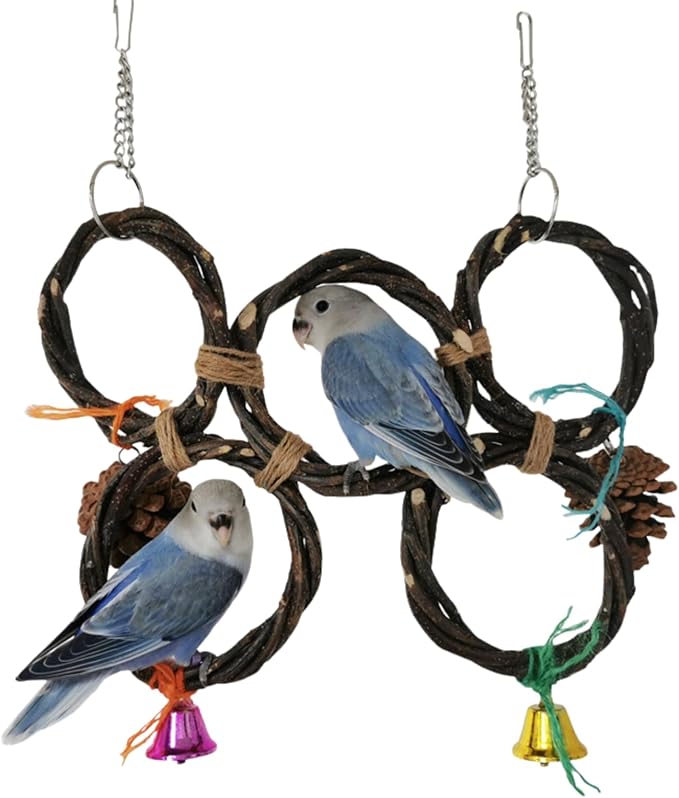 Circle Straw Bird Swing Stand Bird Perches Stand Hanging Chewing Toy for Parrots Bird Playground Cage Accessories Climbing Rope Net Ladders for Foraging Toys（Random Color） (5 Ring Double Row)
