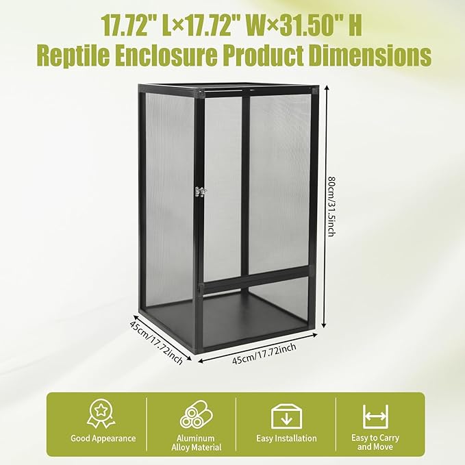 Terrarium,Reptile Cage, Chameleon Enclosure, Reptile Enclosure- 17.72" L×17.72" W×31.50" H,Snake Cage with Escape-Proof Lock, for Lizards/Snakes/Spiders, Portable Habitat for Indoor/Outdoor Use