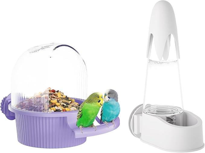 No Mess Bird Feeder Water Dispenser Set, Automatic Hydration, Bird Cage Accessories for Cockatiels Parrots Lovebirds Canarys Finches Budgies and Other Small to Medium Sized Birds (Purple + White)