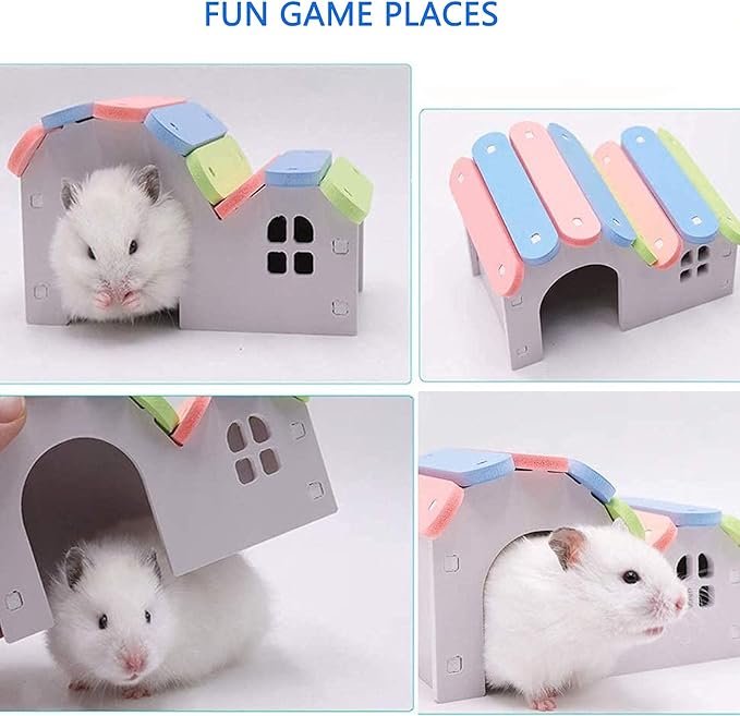 Hamiledyi Hamsters Flying Saucer Silent Mouse Wheel Small Gerbil Running Exercise Toy Kit with Rainbow House Seesaw Grass Cake Sweet Bamboo Snacks for Dwarf Mice 10 Pcs