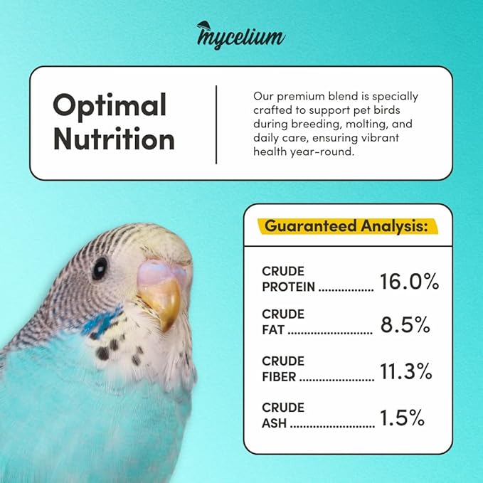 Mycelium Pet Bird Cuisine Plus | Organic Bird Seed Mix for Finch, Budgie & Cockatiel | Energy, Digestive & Immune Support with Fruits, Veggies, Egg, Flaxseed, & Vitamins | Non-GMO 5 lb Bag