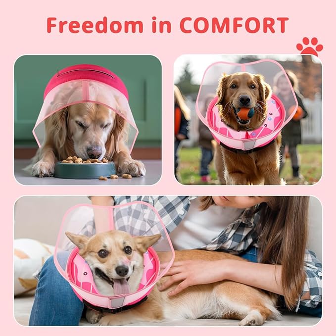Soft Dog Cone Collar, Inflatable Donut Cones Alternative After Surgery with No-Lick Shield for Large/Medium/Small Dogs to Stop Licking, Elizabethan Neck Ecollars of Shame Comfy Pillow Recovery, Pink