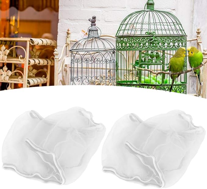 Alvinlite 2 Pieces Bird Cage Cover Seed Feather Catcher Birdcage Nylon Mesh Net Cover Soft Skirt Guard,Bird Cage Accessory(White)
